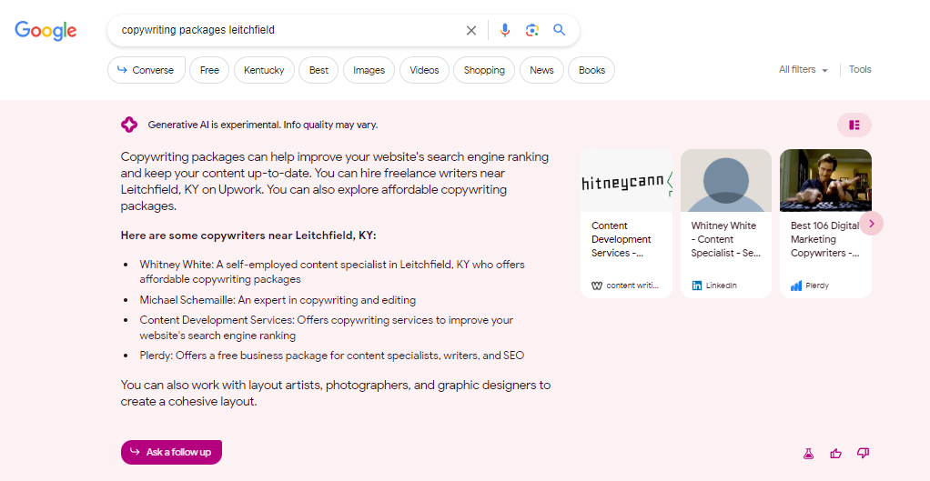 SGE search result for copywriting packages leitchfield